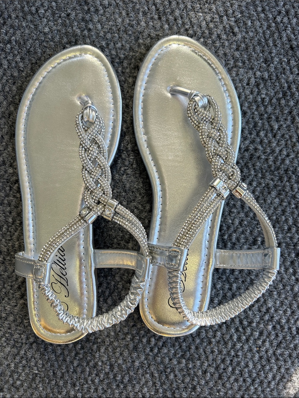 Heltic Metallic Silver Braided Crystal Thong Sandals with heel strap